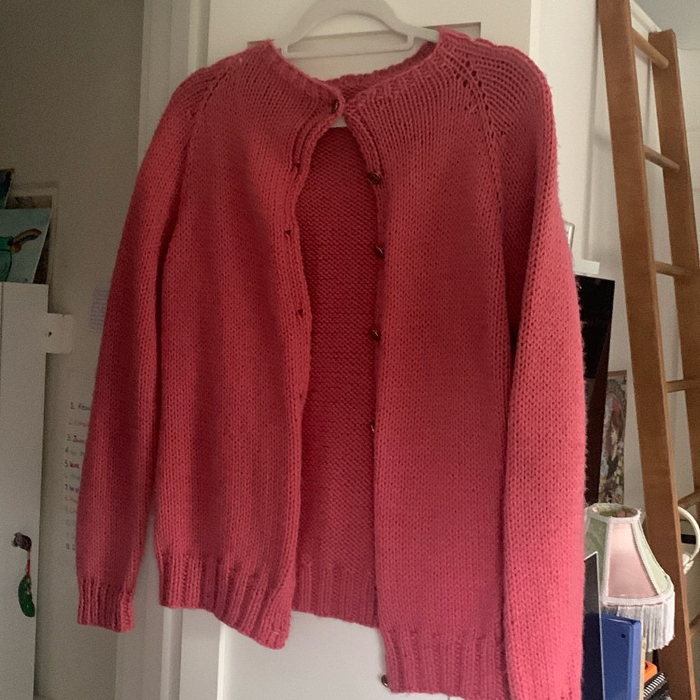Vintage handmade raspberry knit button down cardigan. GUC!